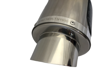 A16 Road Legal Stainless Exhaust with Polished Slashcut Outlet - showing BSAU Markings