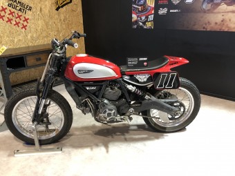 A16 Flat Track Knight Seat with Number Board Sides Trimmed down on Ducati Scrambler